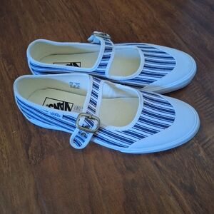 Vans Women's Blue and White Striped Flats